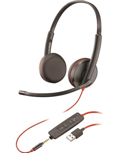 Plantronics/Poly - Casque Blackwire C3225 avec microphone USB/prise 3,5 mm - Oreillettes rembourrées - Commandes par câble - Cou