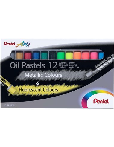 Pentel - Pastels à l'huile Pack de 12 pastels à l'huile - 6 métallisés et 6 fluorescents - Doux, crémeux et séchage lent - Coule