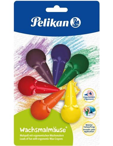 Pelikan - Crayons Souris BL6 - Forme Ergonomique - Ne tache pas - Couleurs Assorties