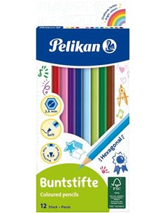 Pelikan - Boîte de 12 Crayons de Couleur Laqués Hexagonaux - Mine Anti-casse - Certification FSC