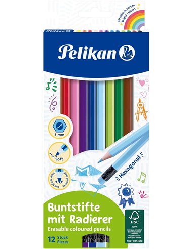 Pelikan - Boîte de 12 Crayons de Couleur Effaçables Hexagonaux - avec Caoutchouc - Mine Anti-casse - Certification FSC