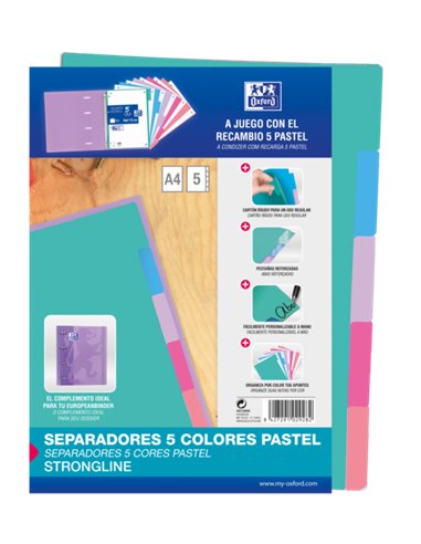 Oxford - Intercalaires Strongline A4 5 Positions - 4 Trous - Carton 200gr - Couleurs Assorties