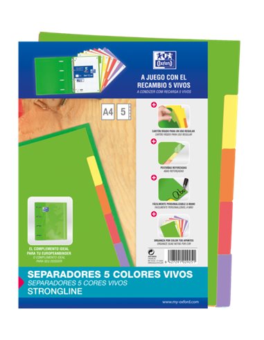 Oxford - Intercalaires Strongline A4 5 Positions - 4 Trous - Carton 200gr - Couleurs Assorties