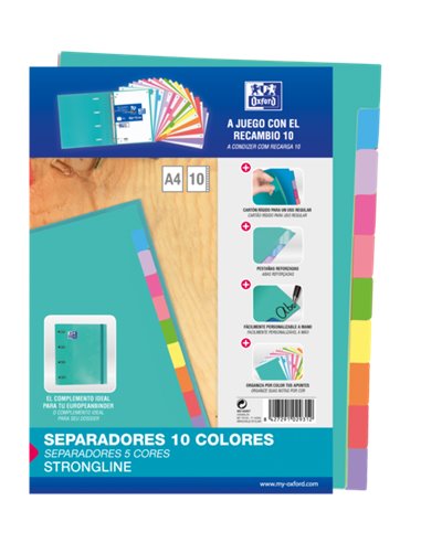 Oxford - Intercalaires Strongline A4 - 10 positions de couleurs différentes - 4 trous - Carton 200gr