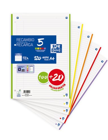 Oxford - Pack Scolaire de 5 Recharges A4 - 1 Ligne Promotionnelle - 100+20 Feuilles - Couleurs Assorties