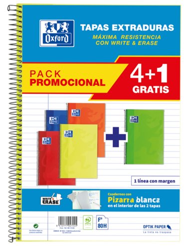 Oxford - School Classic Write&Erase Pack 4+1 Fº - Carnet à Spirale - Couverture Extra Rigide - 1 Ligne avec Marge - 80 Feuilles 