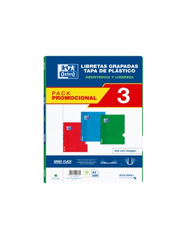 Oxford - School Classic Pack 3 - Cahier agrafé Openflex - Couverture plastique A4 - 4x4 avec marge - 48 feuilles - 3 couleurs