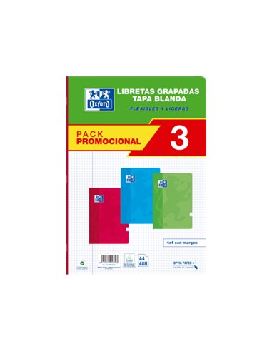 Oxford - School Classic Pack 3 - Cahier agrafé A4 - Couverture souple - 4x4 avec marge - 48 feuilles - 3 couleurs