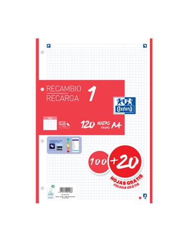 Oxford - Recharge Scolaire A4 - 5x5 - 100+20 Feuilles - Rouge