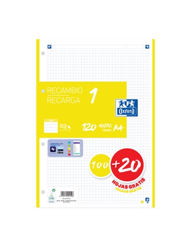 Oxford - Recharge Scolaire A4 - 5x5 - 100+20 Feuilles - Jaune