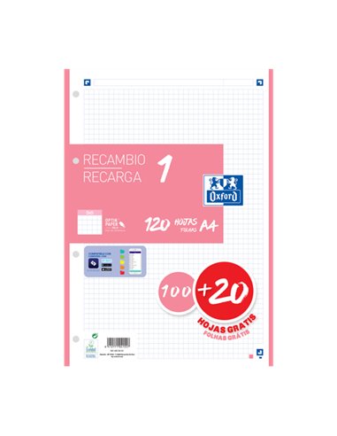 Oxford - Recharge A4 Scolaire - 100+20 Feuilles - Promotion 5x5 - Couleur Rose Bubblegum