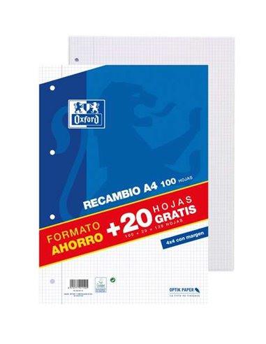 Oxford - Recharge Format A4 Carré 4x4mm 4 Trous - 100 Feuilles + 20 90gr Offertes avec Marge