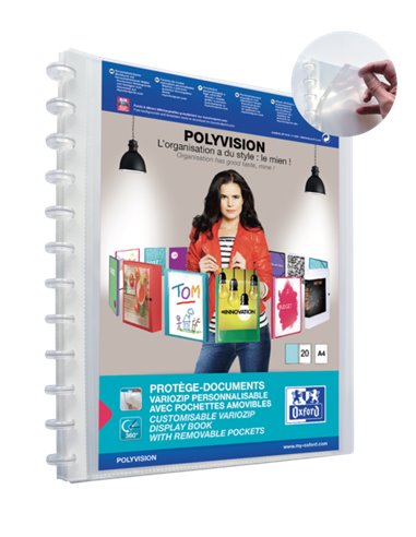 Oxford - Chemise Polyvision Variozip A4+ à pochettes amovibles - Couverture plastique personnalisable - 20 pochettes transparent