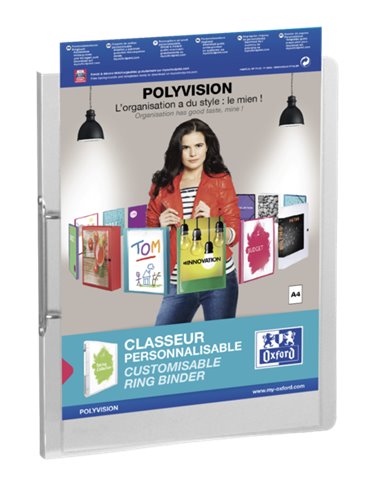 Oxford - Classeur à anneaux Polyvision A4 - Couverture plastique personnalisable - Dos 30 mm - 2 anneaux 20 mm - Transparent