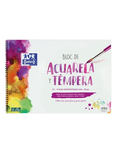 Oxford - Bloc Spirale Aquarelle et Tempera Peinture Scolaire A3+ - Couverture Souple/Dos Rigide - 10 Feuilles - 300gr Uni