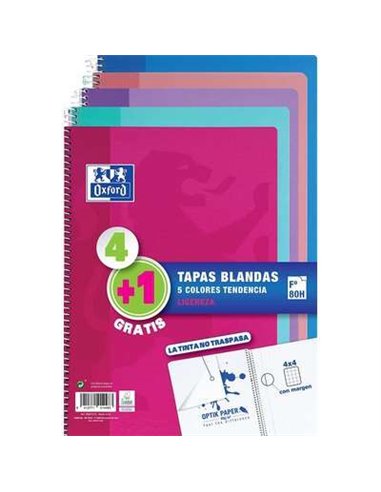 Oxford - Pack 4+1 Carnets à Spirale Format Folio Carré 4x4mm - 80 Feuilles - Couverture Souple - Couleurs Tendance Assorties