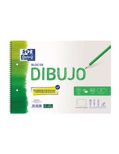 Oxford - Carnet de Dessin Scolaire à Spirale A4+ - Couverture Souple/Couverture Rigide - 20 Feuilles 130gr - avec Cadre et 2 For