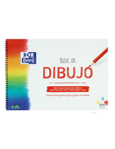 Oxford - Bloc à spirales pour dessin scolaire A3+ - Couverture souple/Dos rigide - 20 Feuilles 130gr Uni