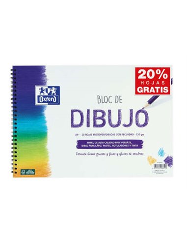 Oxford - Bloc à Dessin Scolaire Spirale Format A4+ avec Encart - 20 Feuilles Microperforées 130gr Couleur Naturelle - Papier Sur