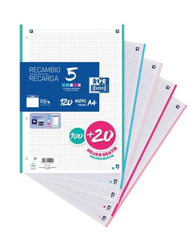 Oxford - 5 Recharges Format A4 Carré 5x5mm 4 Trous - 100 Feuilles + 20 Offertes - Bande de 5 Couleurs Pastel