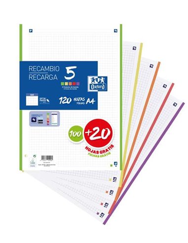 Oxford - 5 Recharges de 120 Feuilles Format A4 Carré 5x5mm 4 Trous - Bande de 5 Couleurs Vives