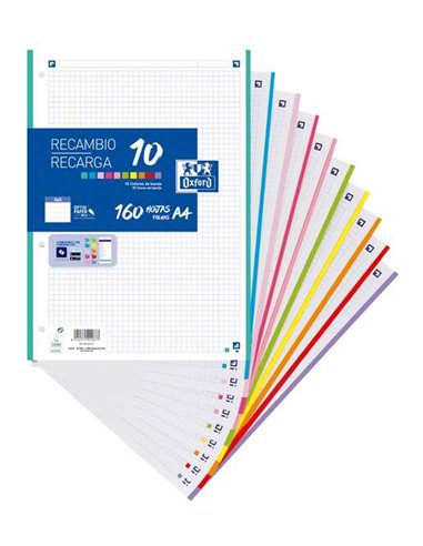 Oxford - 10 Recharges Format A4 Carré 5x5mm 4 Trous - 160 Feuilles Volantes - Bande de 10 Couleurs