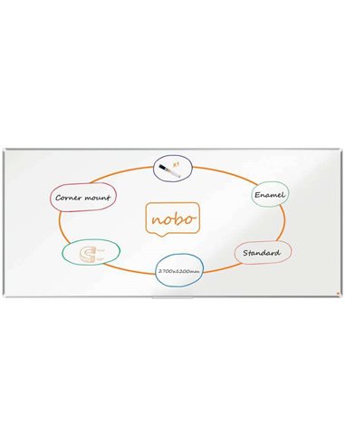 Nobo - Tableau Blanc Magnétique en Acier Vitrifié Premium Plus 2700x1200mm - Montage en Coin - Surface d'Effacement Supérieure -