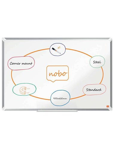 Nobo - Tableau Blanc Magnétique en Acier Laqué Premium Plus 900x600mm - Montage en Coin - Surface Effaçable Facilement - Couleur