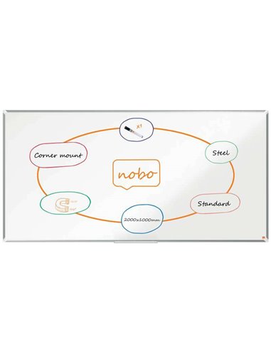 Nobo - Tableau Blanc Magnétique en Acier Laqué Premium Plus 2000x1000mm - Montage en Coin - Surface Effaçable Facilement - Coule