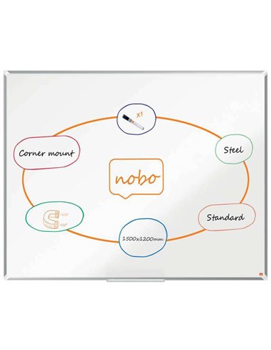 Nobo - Tableau Blanc Magnétique en Acier Laqué Premium Plus 1500x1200mm - Montage en Coin - Surface Effaçable Facilement - Coule