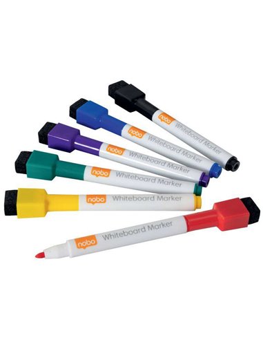 Nobo - Mini marqueur pour tableau blanc avec capuchon gomme magnétique - 6 couleurs assorties - Pointe fine 2 mm - Se démarque s