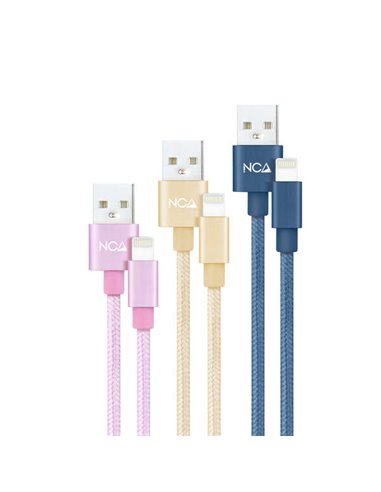 Nanocable - Pack de 3 Câbles Meshed USB-A Mâle vers Lightning Mâle - Longueur 1m - Coloris Rose, Or et Bleu