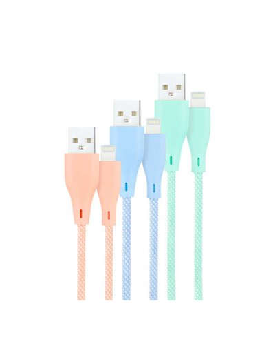 Nanocable - Pack de 3 Câbles Mesh USB-A Mâle vers Lightning Mâle - Longueur 1m - Couleurs Rose Pastel, Vert et Bleu