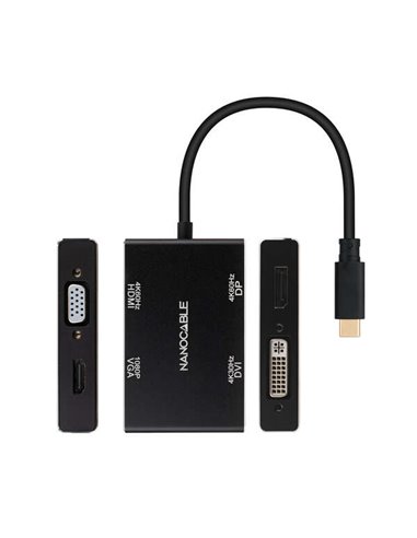 Nanocable - Convertisseur USB-C/M vers HDMI/H + DVI/H + DP/H + VGA/H - 10cm - Noir