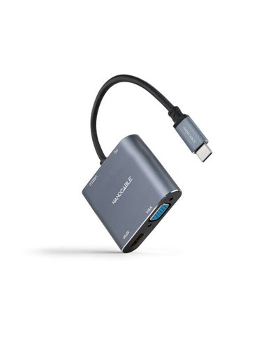 Nanocable - Convertisseur USB-C vers HDMI, VGA, USB 3.0 et USB-C PD - Longueur de câble 15 cm - Couleur Gris