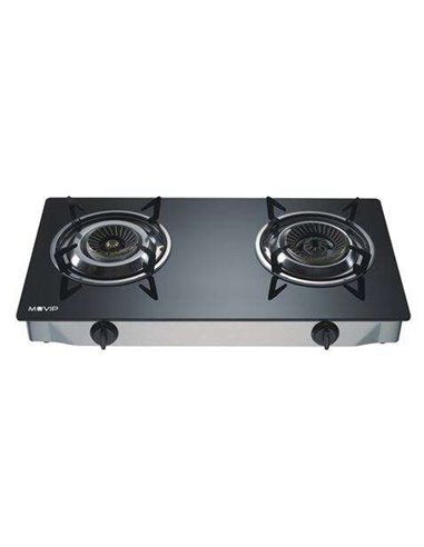 Muvip - Cuisinière à Gaz 2 Feux Inox - Verre Trempé - Allumage Piézoélectrique - Brûleur Amovible en Fonte