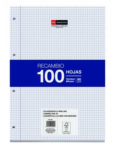 Miquel Rius - Recharge Format A4 - 100 Feuilles Volantes de 90gr avec 4 Trous - Grille 4x4 avec Marge