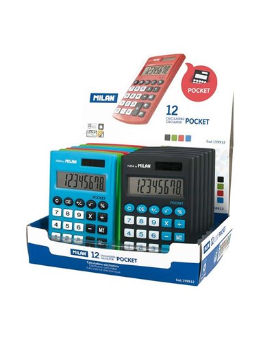 Milan - Présentoir de poche avec 12 calculatrices de poche - 8 chiffres - Soft Touch - Couleurs assorties