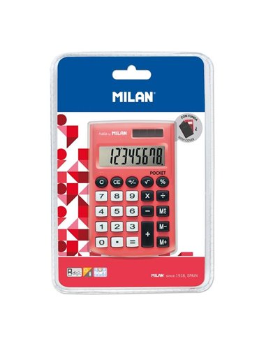 Milan - Calculatrice de Poche 8 Chiffres - Calculatrice de Poche - Soft Touch - 3 Touches Mémoire et Racine Carrée - Couleur Rou