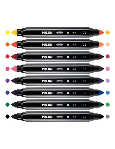 Milan - Pack de 8 Feutres Maxi Bic - Double Pointe - Pointe Conique 7,5 mm - Encre à Eau - Lavable - Couleurs Assorties