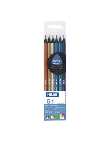 Milan - Paquet de 6 Crayons de Couleur Métalliques Triangulaires - Mine 2,9 mm - Ergonomiques - Incassables - Bois de Tilleul - 