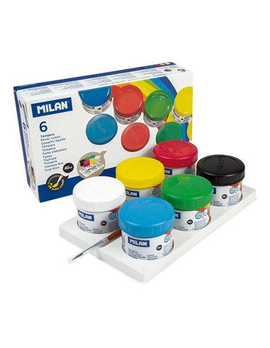 Milan - Pack de 6 Flacons Tempera 40 ml + 1 Pinceau Série 101 - Séchage Rapide - Miscible - Couleurs Assorties