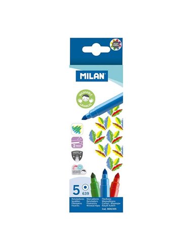 Milan - Pack de 5 Marqueurs Super Lavables - Pointe Conique 5mm - Encre à Eau - Couleurs Assorties