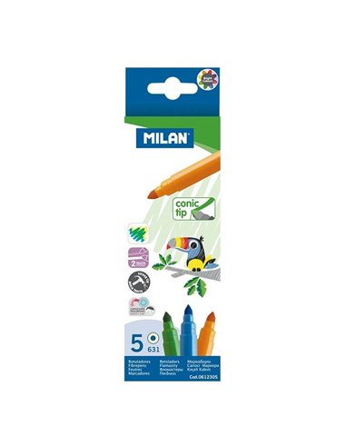 Milan - Pack de 5 Marqueurs - Pointe Conique 5 mm - Encre à Eau - Lavable - Couleurs Assorties