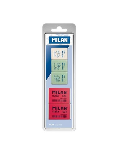 Milan - Pack de 5 Gommes, 3x445 Gommes Rectangulaires + 2x624 Gommes Rectangulaires Crème - Plastique - Couleurs Assorties