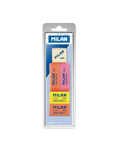 Milan - Pack de 5 Gommes, 1x Gomme Carrée 430 + 2x Gommes Crème Biseautées 236 + 2x Gommes Crème Rectangulaires 936 - Plastique 