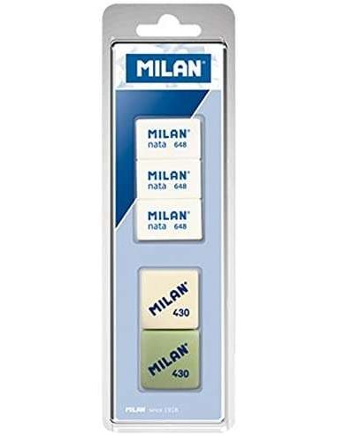 Milan - Pack de 5 Gommes + 3x 648 Gommes Rectangulaires Crème + 2x 430 Gommes Carrées - Couleurs Assorties