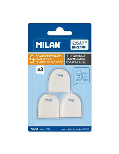 Milan - Pack de 3 Gommes de Rechange pour Aiguiseurs CAPSULE - Mie d'Ariane - Souple - Caoutchouc Synthétique - Couleur Blanc