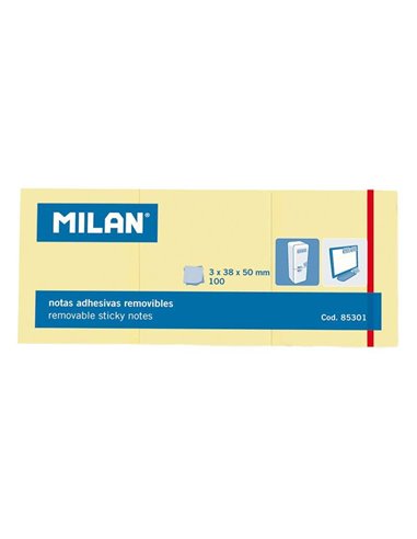 Milan - Pack de 3 Blocs de 100 Notes Autocollantes - Amovibles - 38 mm x 50 mm - Couleur Jaune Clair