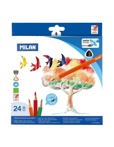 Milan - Paquet de 24 Crayons Aquarelle Triangulaires + Pinceau - Mine 2,9 mm - Trait Uniforme - Incassable - Couleurs Assorties